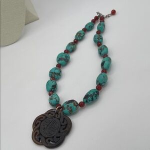 3.23.26-33 Turquoise & Red Faceted CrystalsNecklace with Carved Gau Box  Pendant